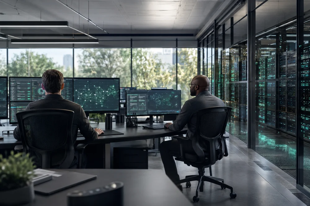An engineer reviewing network activity at a workstation