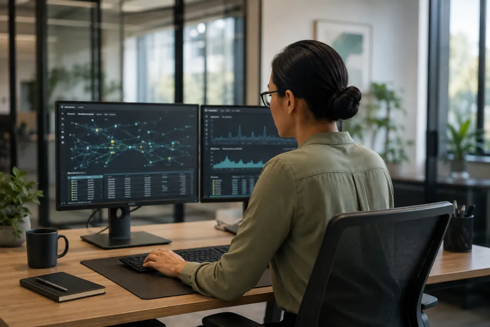An engineer reviewing network activity at a workstation
